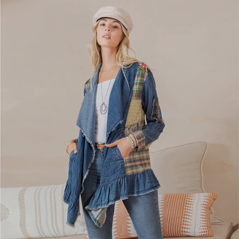 Young Threads Patchwork Denim Jacket with Ruffle Hem - Picture 1 of 6